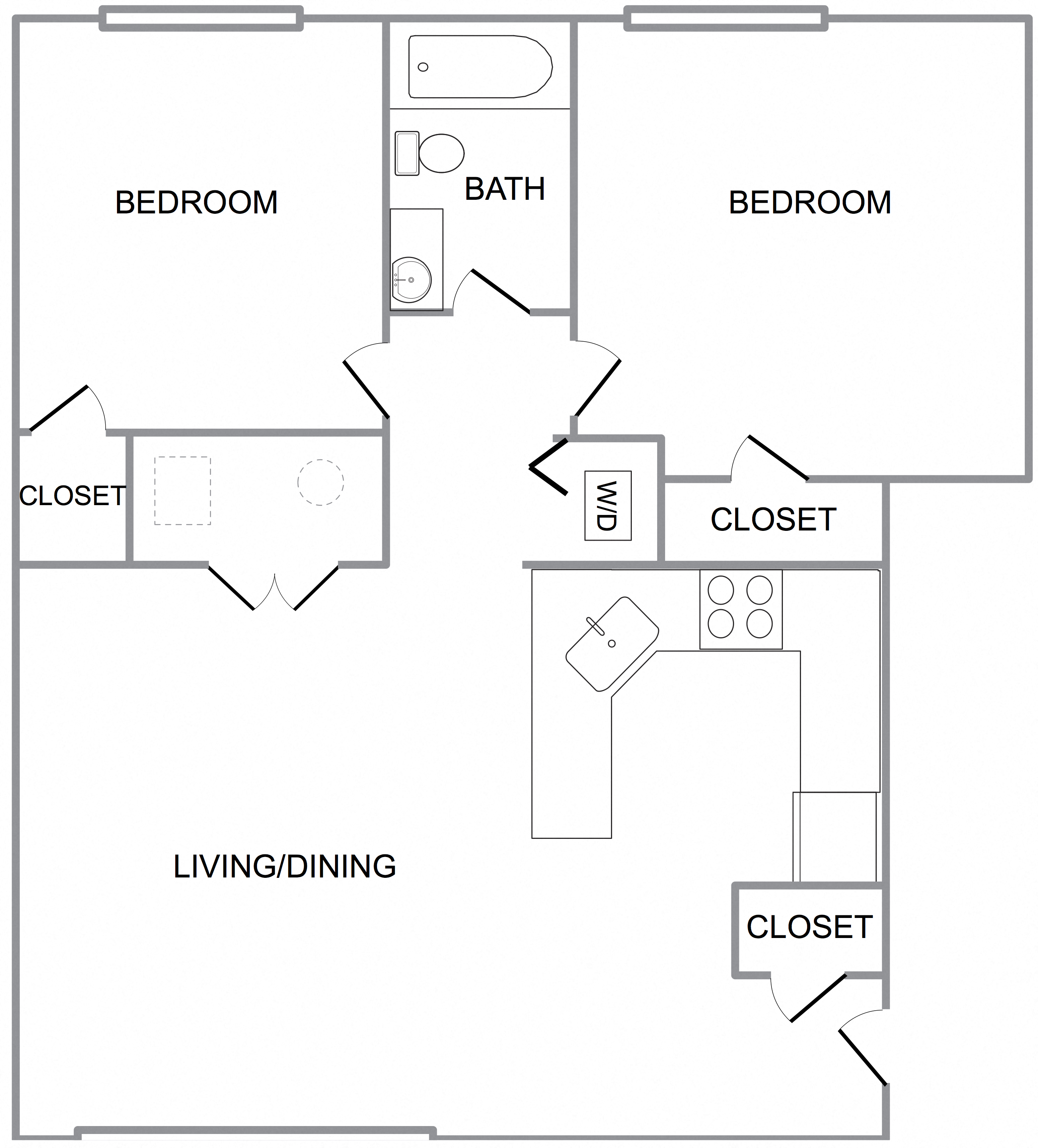 Floor plan for 2 beds, 1 bath, 865 sqft